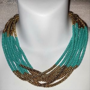 Vintage 70's Style Gold & Turquoise Tone Metal Chain Statement Necklace